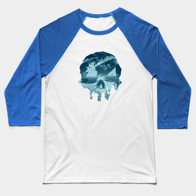 Blue Sea Of Thieves Skull Design Baseball T-Shirt by IndieTeeshirt